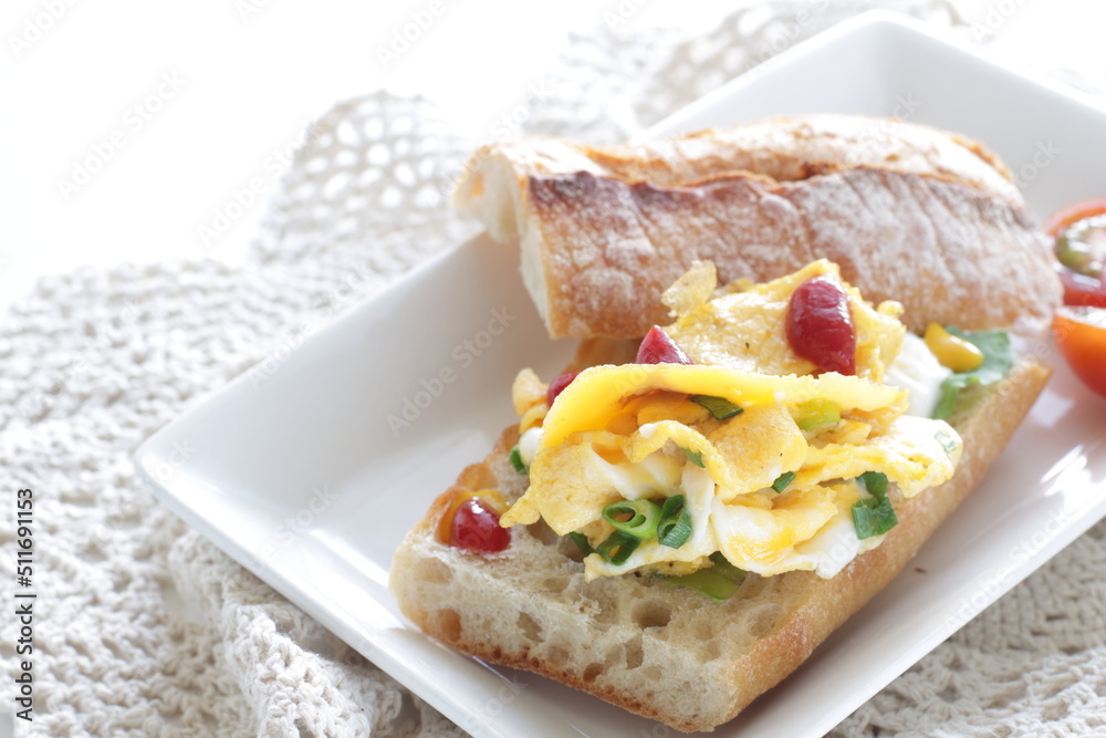Spring onion and scrambled egg with ketchup in sandwich Spring onion and scrambled egg with ketchup in sandwich
