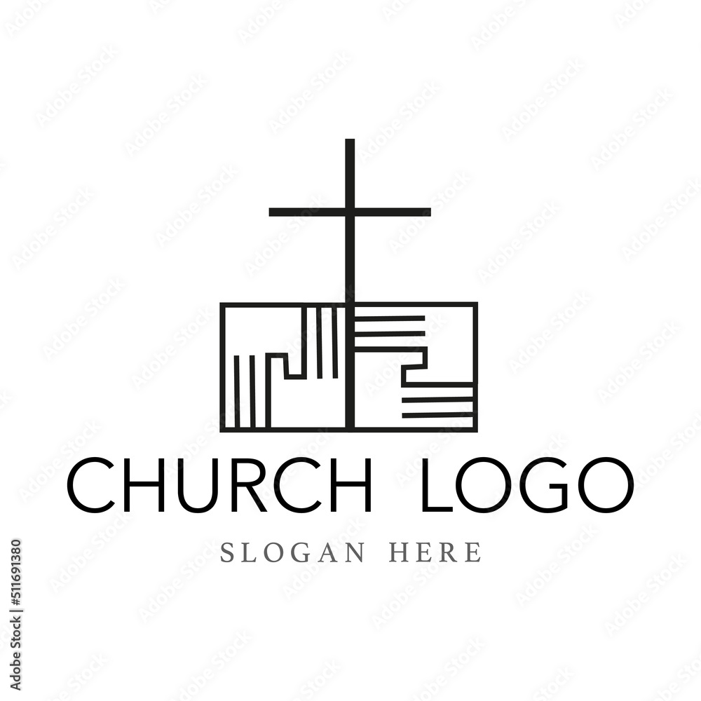 Christian cross with hands church logo. Christianity symbol of Jesus Christ and reconciliation. Silhouette outline of cross. Vector logo design Illustration of modern church sign