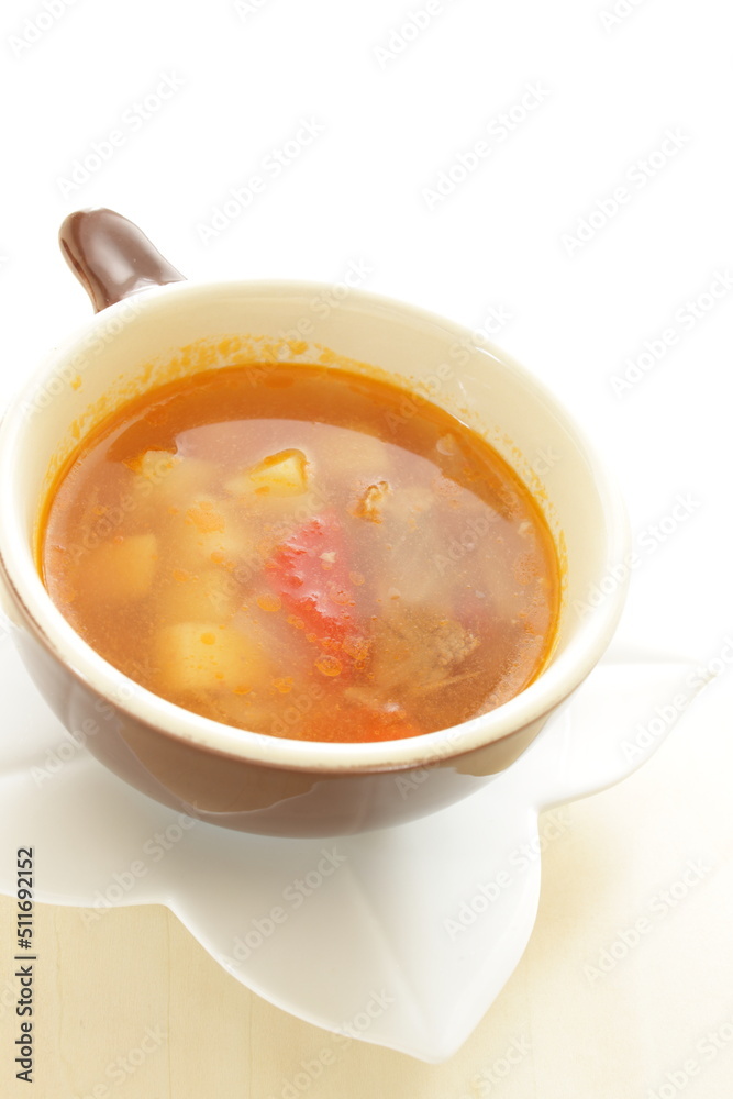 Homemade minestrone soup, in cup for healthy breakfast Homemade minestrone soup, in cup for healthy breakfast