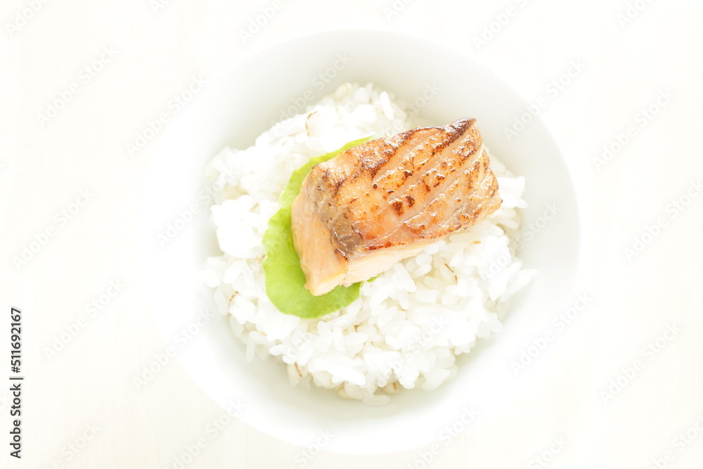 Grilled salmon fish fillet on rice with copy space