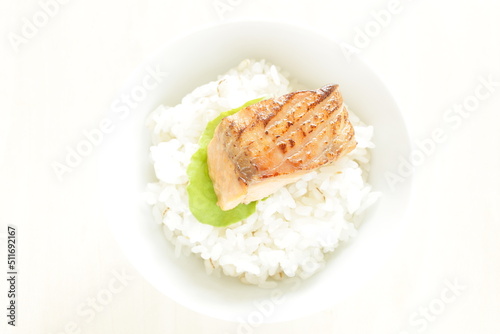 Grilled salmon fish fillet on rice with copy space