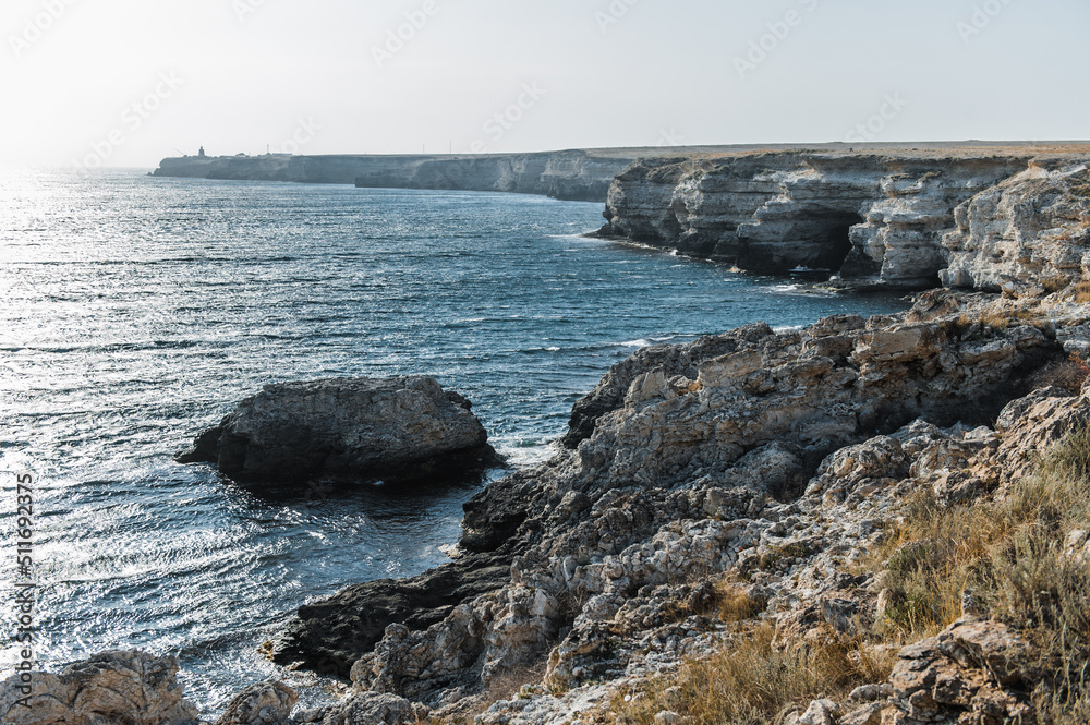 Beautiful views of the rocky cliffs to the sea, Tarhankut, Crimea, Russia