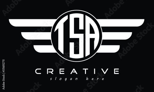 TSA three letter circle with wings logo design vector template. wordmark logo | emblem logo | monogram logo | initial letter logo | typography logo | business logo | minimalist logo | 