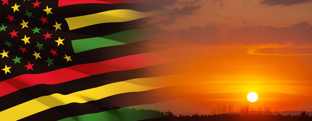 Alternative Juneteenth Flag with sunrise or sunset. Since 1865. Banner with place for text. 3D-rendering.