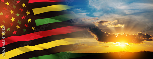 Alternative Juneteenth Flag with sunrise or sunset. Since 1865. Banner with place for text. 3D-rendering.