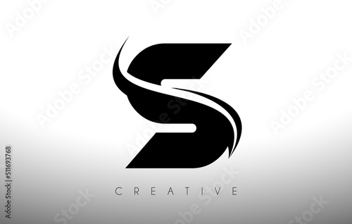 S Swoosh Letter Cut Logo Design with Black Swoosh and Creative Icon Logo Vector Illustration