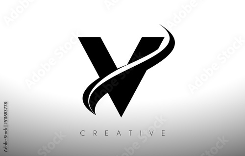 V Swoosh Letter Cut Logo Design with Black Swoosh and Creative Icon Logo Vector Illustration