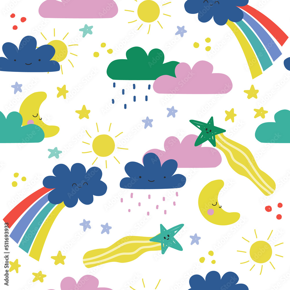 Cute seamless pattern with doodle sun, moon and clouds. Childish print. Vector hand drawn illustration.
