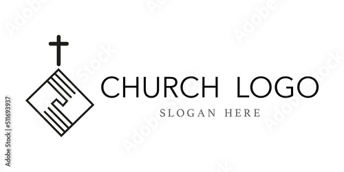 Christian cross church logo. Christianity symbol of Jesus Christ and reconciliation. Silhouette outline of cross illustration isolated on white background. Vector modern church logo design or sign.