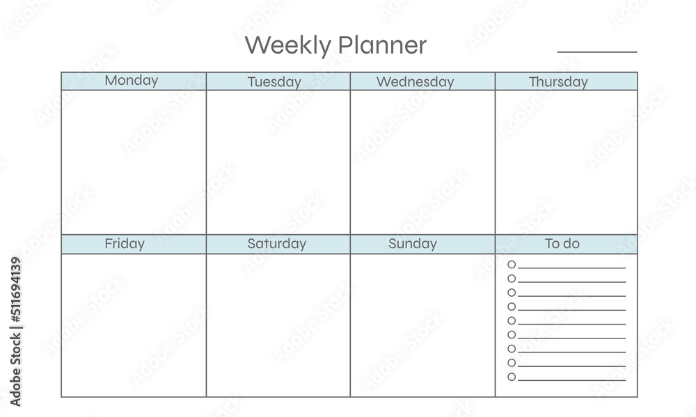 Printable weekly planner template. Creative design for daily planner. Clear and simple printable to do list. Business organizer page. Paper sheet. Realistic vector illustration.