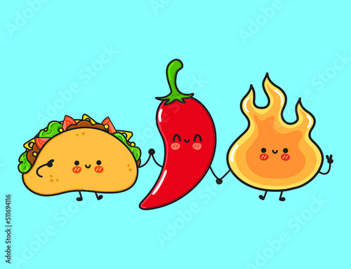 Cute, funny happy fire chili pepper and tacos. Vector hand drawn cartoon kawaii characters, illustration icon. Funny cartoon fire chili pepper and tacos mascot character concept