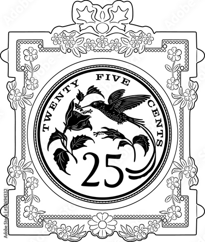 jamaica coin with hummingbird and old frame handmade silhouette