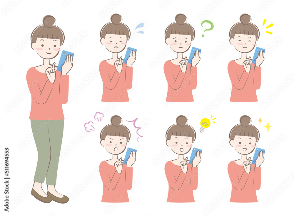 スマホを操作する様々な表情の女性 全身 上半身 バリエーション スマホを操作する様々な表情の女性 全身 上半身 バリエーション