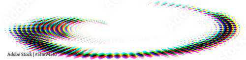 Fancy swirling elongated point spiral with rgb shift glitch effect  and with a predominance of lilac. Halftone dotted. Vector. 