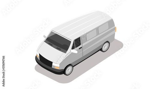 Car isometric van. Vehicle white color. Minivan type model collection. Design element for road city, urban, street. 3d automobile with shadow isolated on white background. Flat vector illustration