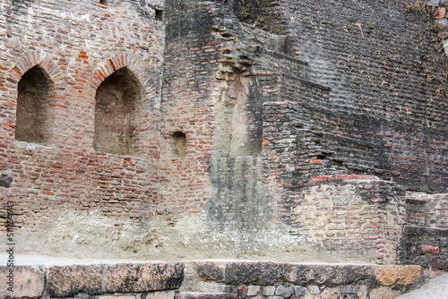 Brick walls and masonry in the ruins of the ancient Lohagarh fort in Bharatpur in Rajasthan, India.