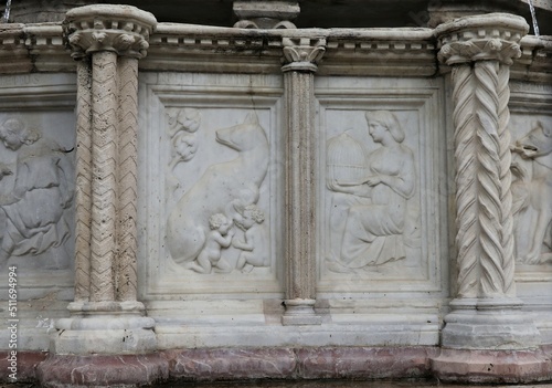 Fontana Maggiore Fountain Sculpted Detail Depicting a She-Wolf, Romulus and Remus and Their Mother Rea Silvia in Perugia, Umbria, Italy