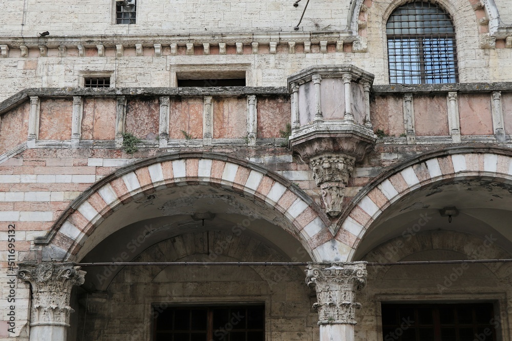 Palazzo dei Priori Building Exterior Detail with Arches in Perugia, Umbria, Italy