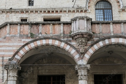 Palazzo dei Priori Building Exterior Detail with Arches in Perugia  Umbria  Italy