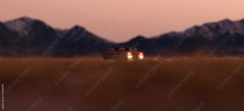 Pickup truck with illuminated lights on a vast grass plain with distant mountains at sunset. 3D render.