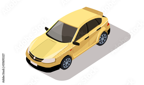 Car isometric view. Vehicle yellow color. Hatchback type model collection. Design element for road city  urban  street. 3d automobile with shadow isolated on white background. Flat vector illustration