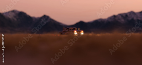 Pickup truck with illuminated lights on a vast grass plain with distant mountains at sunset. 3D render.