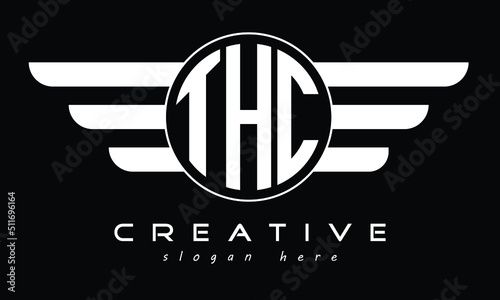 THC three letter circle with wings logo design vector template. wordmark logo | emblem logo | monogram logo | initial letter logo | typography logo | business logo | minimalist logo | 