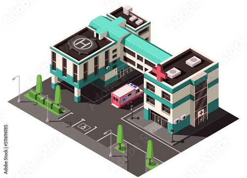 Fototapeta Naklejka Na Ścianę i Meble -  Building of hospital with helipad on roof and standing ambulance car, bus, truck, van. 3D element of city, town, urban infrastructure. Isometric vector illustration.