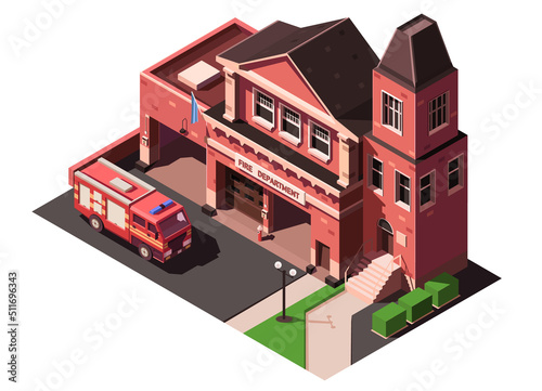 Building of fire department  station with standing fire truck  car. 3D element of city  town  urban infrastructure. Isometric vector illustration.