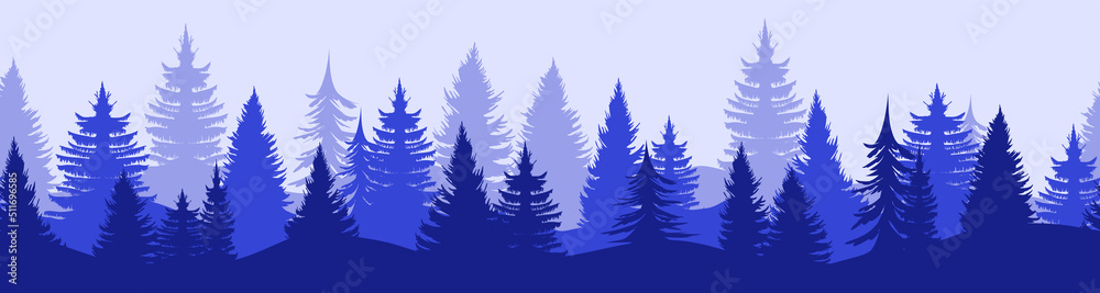 Fototapeta premium Forest panorama with coniferous trees. Horizontal panoramic seamless banner with hilly forest background, pine, cedar, wood in dark and light blue tones. Flat vector illustration.