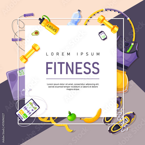 Fitness gym girl accessories poster. Training equipment for woman. Flyer sport motivation. Workout icons. Female violet suit, yellow shorts, bottle of water, scales, sneakers. Vector illustration
