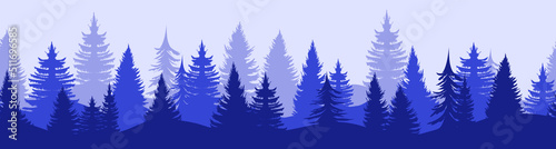 Forest panorama with coniferous trees. Horizontal panoramic seamless banner with hilly forest background, pine, cedar, wood in dark and light blue tones. Flat vector illustration.