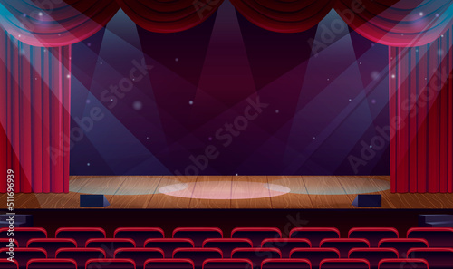 Empty concert hall. Spot light on wooden scene. Theater stage with open red vintage curtains. Theatre interior with elegant fabric chairs and seats. Cinema Premier festival event. Vector illustration