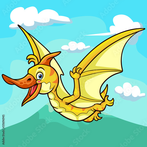 cartoon pteranodon mascot isolated on erupting mountain scenery background