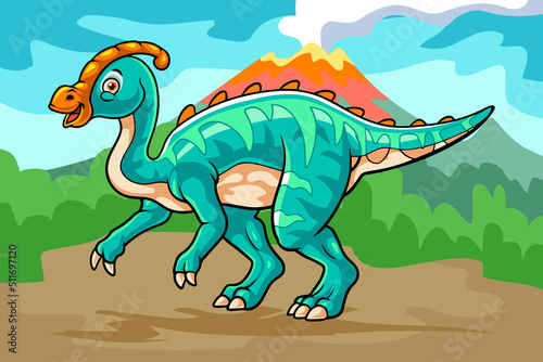 cartoon parasaurolophus mascot isolated on erupting mountain scenery background