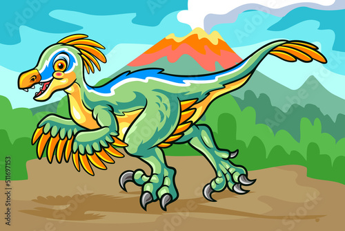 cartoon velociraptor mascot isolated on erupting mountain scenery background