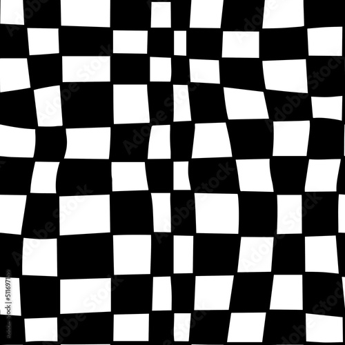 black and white Groovy Wavy Melted Psychedelic Hand Drawn Checkerboard Y2K 90s seamless pattern vector background. Retro hippie trippy optical repeat texture wallpaper, textile design.