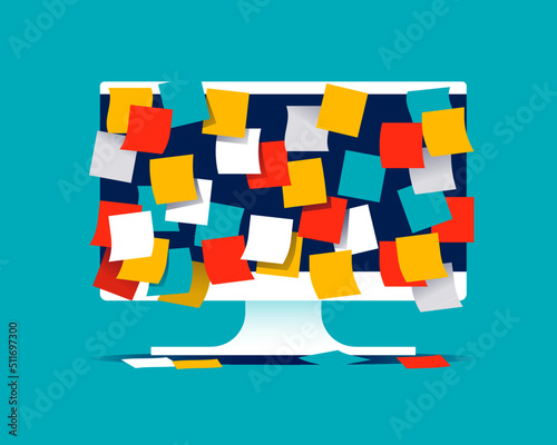 Computer screen totally covered by colored post-it. Vector illustration