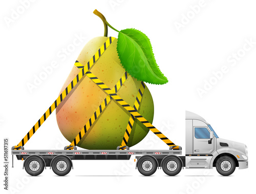 Road transportation of fresh pear fruit. Delivery of big pear with leaf in back of truck. Vector illustration about pears, agriculture, fruits, transportation, gastronomy, trucking, etc