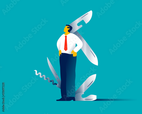 Man dressed as an employee with blades and tools that come out from him, like a utility knife. Key person concept. Vector illustration