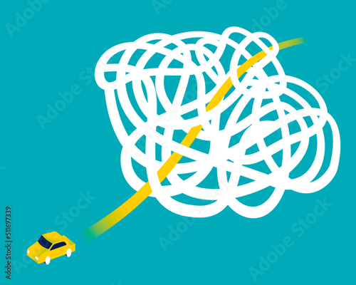 Little yellow car drives through a tangle of roads
finding the quickest way. Exit strategy concept. Light blue background. Vector illustration