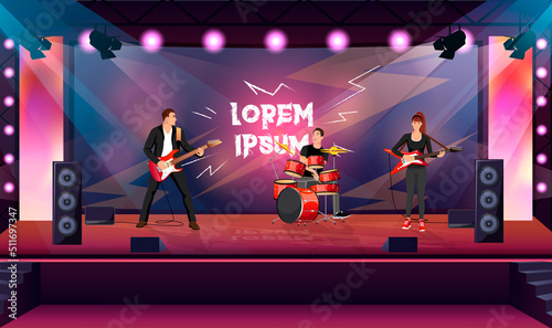 Rock band concert. Musicians group on stage. Scene by color spot lights and music speakers. Woman playing guitar. Man play bass guitar. Screen behind drummer. Empty dance floor. Vector illustration