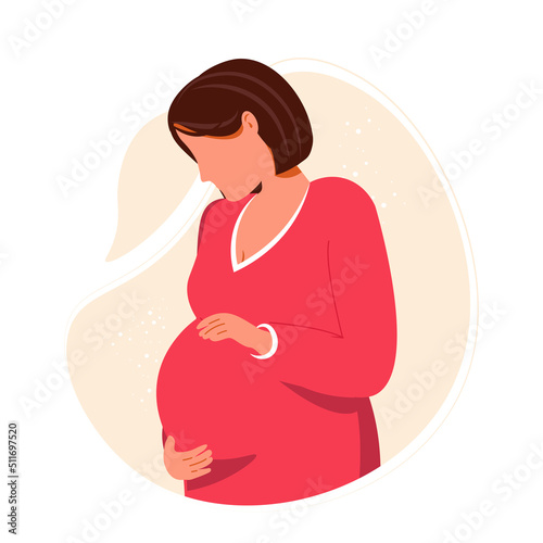 Pregnant woman modern concept vector illustration in cute cartoon style, health, care.Young pregnant woman isolated on white. Minimalistic design. Healthy pregnancy, reproductive health and motherhood