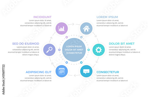 Circle diagram template with six steps or options, process infographics
