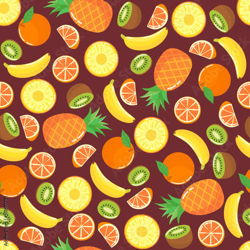 Colorful summer seamless pattern with exotic fruits. Vector illustration