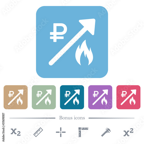 Rising gas energy russian Ruble prices flat icons on color rounded square backgrounds