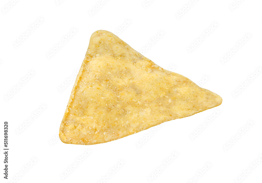 Nachos one triangular, isolated on white background with clipping path, element of packaging design. Full depth of field. Nachos one triangular, isolated on white background with clipping path, element of packaging design. Full depth of field.