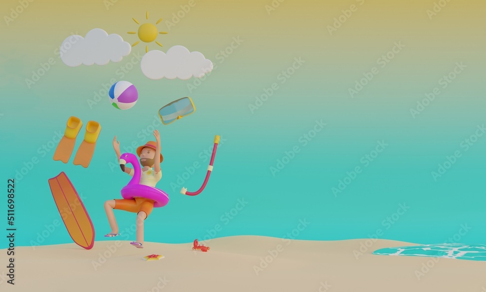 3D summer banner template with man catch ball snorkeling surfing 3D Render