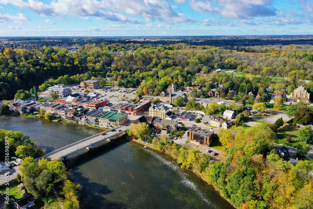 Aerial view of Paris, Ontario, Canada in early autumn