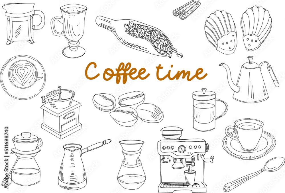 Coffee shop icons, doodle cartoon illustrations. Coffee, bakery cafe menu items and equipment isolated on white background. Vector.
